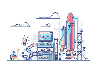 Startup rocket launch business flat illustration kit8 launch line process rocket stages startup vector workplace
