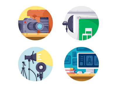 Photography industry icons camera equipment flat hotography illustration industry kit8 media photo set vector video