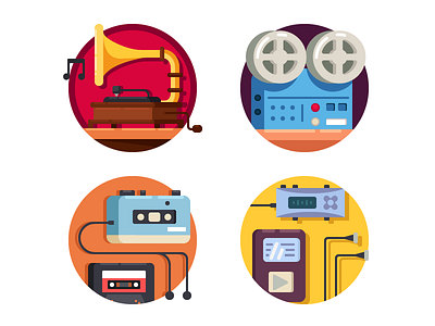 Music players icons audio flat illustration kit8 musical player record retro sound vector vintage