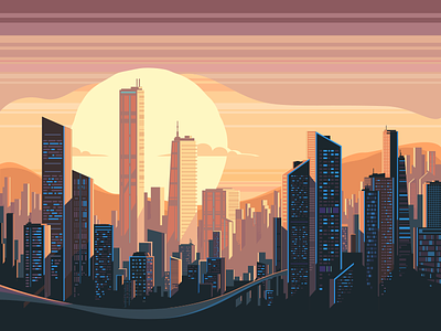Сity sunrise landscape balding city cityscape flat illustration kit8 megapolis sun sunrise sunset vector