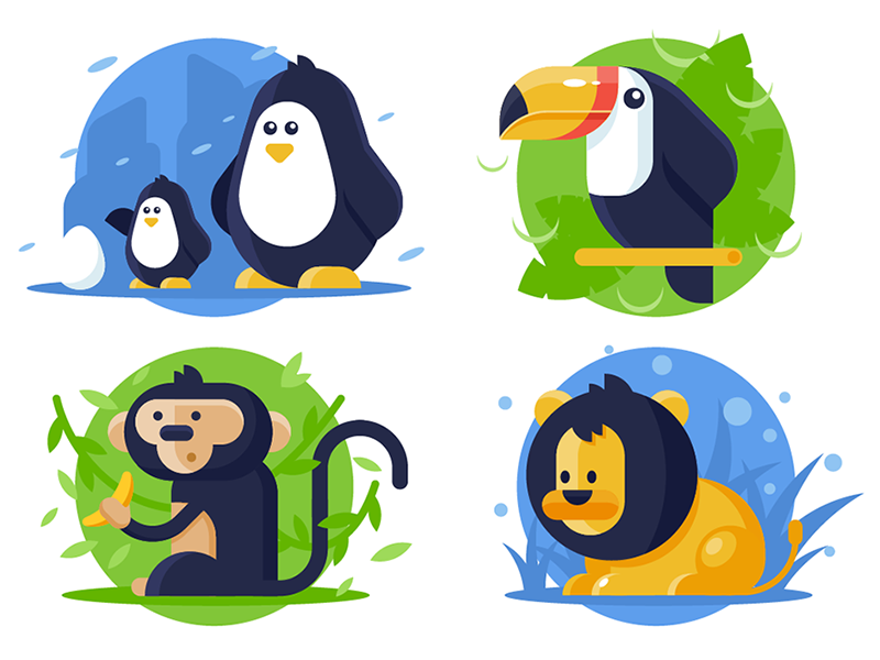Animals kit8 flat vector illustration toucan monkey penguin lion wild animal collection