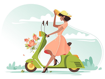 Girl on scooter beautiful dress flat flower illustration kit8 road scooter summer vector woman