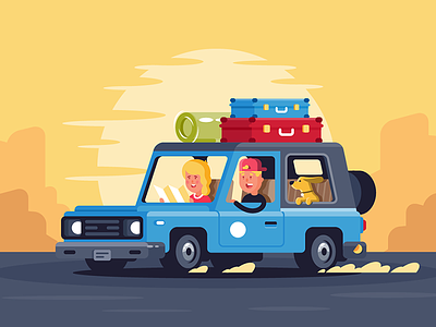 Family road trip with dog car flat illustration journey kit8 man pet road tourism vector woman