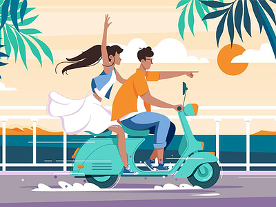 Couple riding on motorbike beauty bike couple drive flat happy holiday illustration kit8 relationship vector