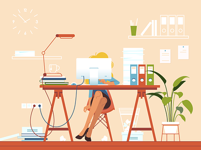 Girl busy at workplace businesswoman exhausted flat girl illustration kit8 office vector work workaholic workplace