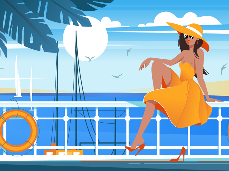 Girl on wharf near sea kit8 flat vector illustration landscape seaside nature summer sailboat sea girl beauty