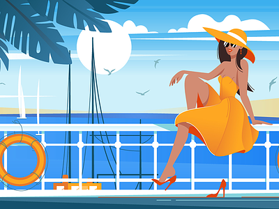 Girl on wharf near sea beauty flat girl illustration kit8 landscape nature sailboat sea seaside summer vector