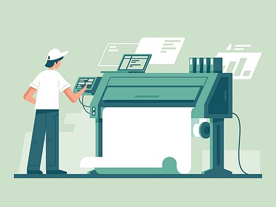 Print to printer copy equipment flat illustration kit8 machine print publishing technology vector worker