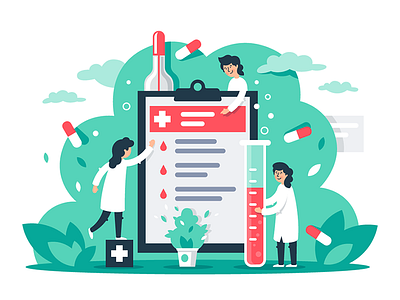 Composition with little doctors doctor flat healthcare hospital illustration kit8 measurement medicine pharmacy treatment vector