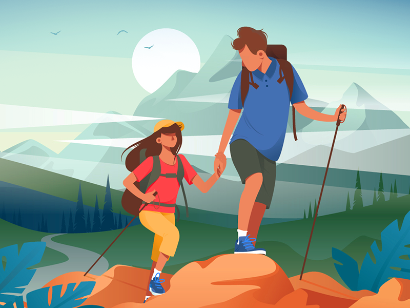 Hiking in mountains couple flat friend hiking illustration kit8 mountain recreation vector wild young