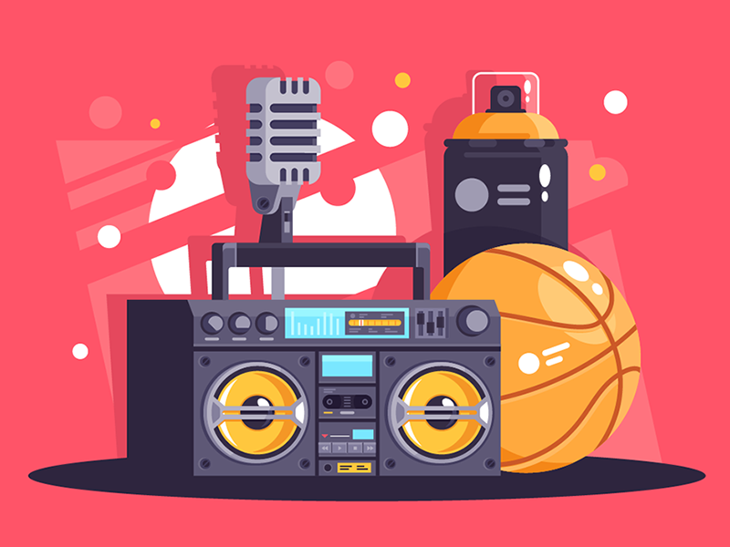 Hip-hop equipment abstract boombox dance flat illustration kit8 microphone music player spray vector