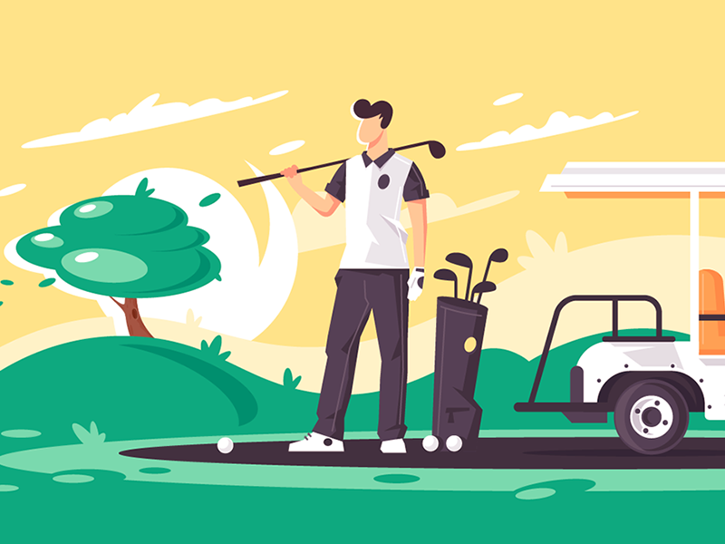 Man with golf club kit8 flat vector illustration leisure relaxation sport car club golf man