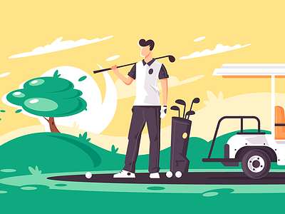 Man with golf club car club flat golf illustration kit8 leisure man relaxation sport vector