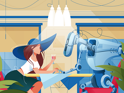 Woman on date with robot celebration flat futuristic illustration kit8 machine restaurant robotic silhouette vector woman