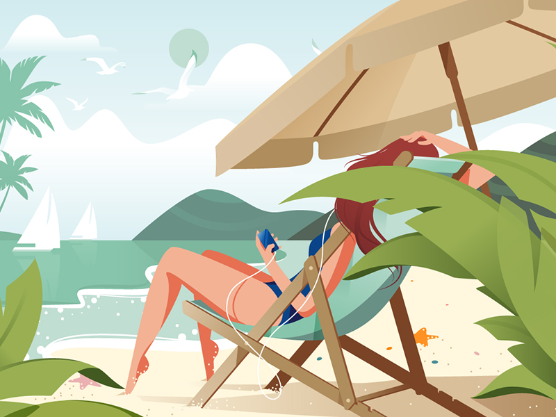 Girl relaxing on beach kit8 flat vector illustration earphones holiday girl beach summer relax music