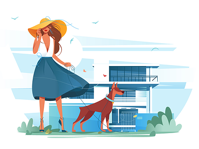 Woman with dog near cottage