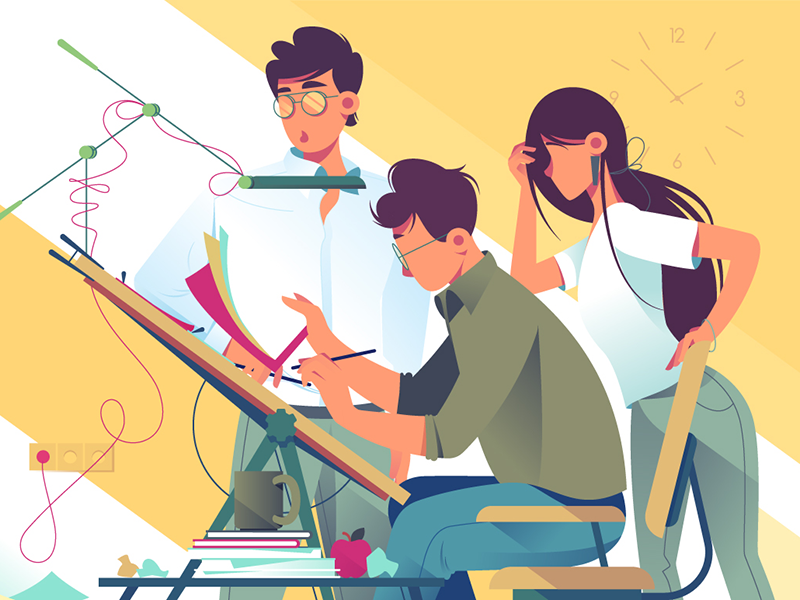 Team at work on design project kit8 flat vector illustration modern front infographic equipment workplace teamwork building