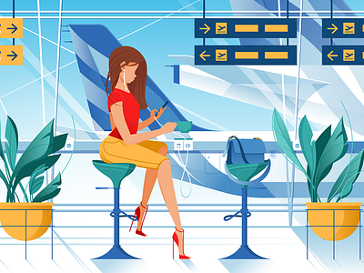 Woman on airport airplane departure flat flight holiday illustration kit8 passenger tourists vector zone