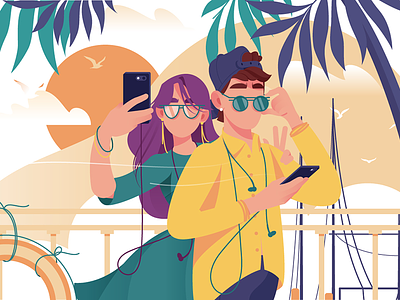 Couple with mobile phone makes photo couple flat glasses illustration kit8 man phone photo vector woman young