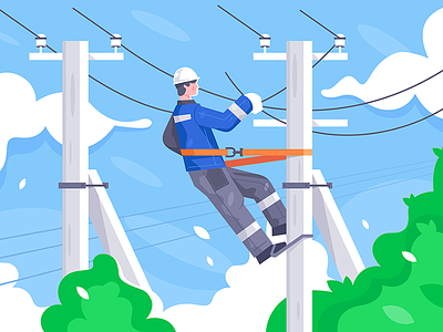 Power lines repair electrician flat illustration kit8 man power repair transmission vector