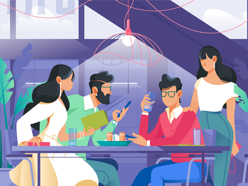 Friends in cafe furniture company purchases beverage cafe young coffee kit8 flat vector illustration