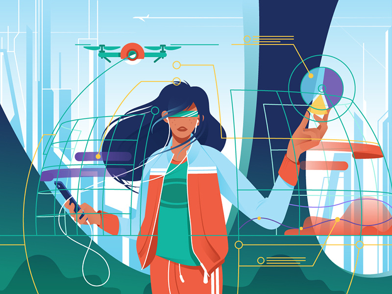 Woman in high tech world kit8 flat vector illustration high tech world globalization mobile woman attractive
