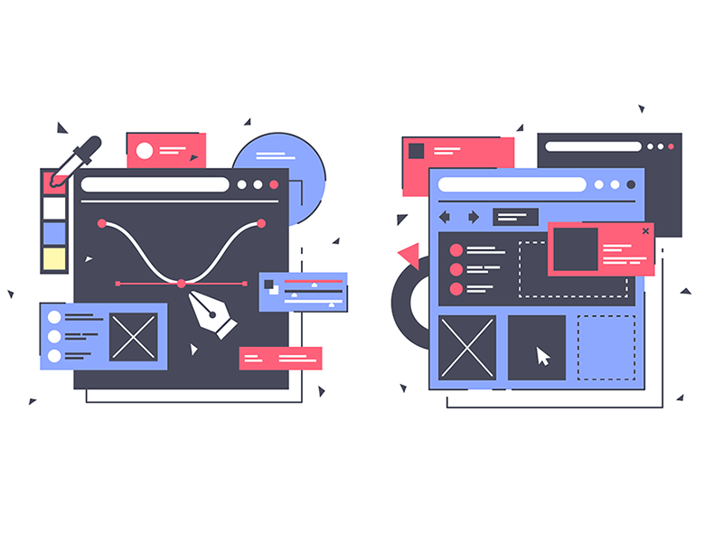 Set icons with web design equipment pixel technology commerce internet site online kit8 flat vector illustration