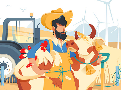 Farmer animals beard chicken cow farm flat handsome illustration kit8 man vector