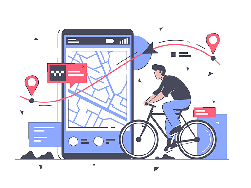 Man with bicycle and way businessman cartography flat human illustration kit8 location male route smart vector