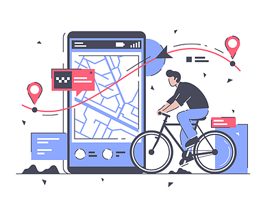 Man with bicycle and way businessman cartography flat human illustration kit8 location male route smart vector