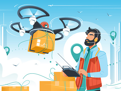 Man controls drone delivery architecture delivery device drone flat illustration kit8 marketing shop smartphone vector
