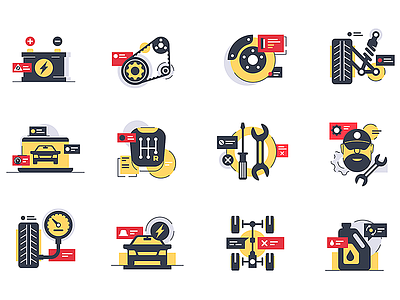 Car service icons car chassis flat icons illustration kit8 mobile service support urban vector