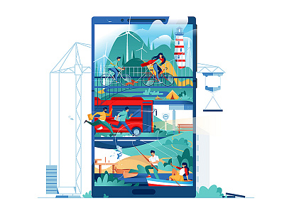 City in the phone building city flat illustration kit8 live modern people phone technology vector