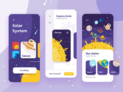 Solar system app concept app appdesign cards concept descovery education illustration interface ios iphone mobile design planet saturn science solar system sun ui