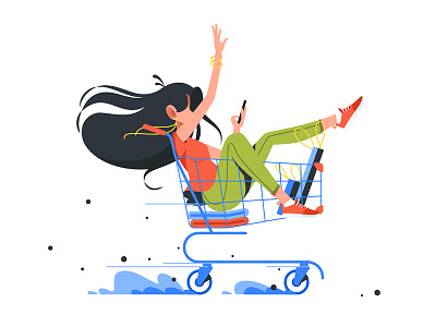 Young girl rides shopping cart complete flat funny illustration kit8 market rides service shopping trolley vector