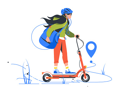Girl delivery courier on scooter commercial delivery female flat illustration kick kit8 person ride service vector