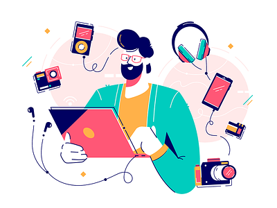 Man surrounded by gadgets caucasian communication device flat illustration kit8 mobile player smartphone vector wireless