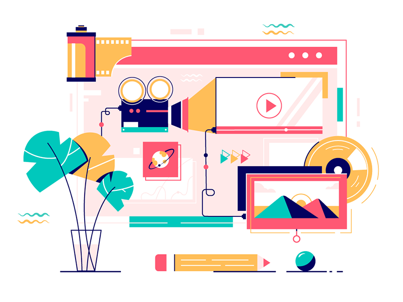 Collection multimedia services of online video, music and photo collection flat illustration kit8 modern multimedia photo services vector web