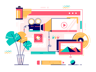 Collection multimedia services of online video, music and photo collection flat illustration kit8 modern multimedia photo services vector web