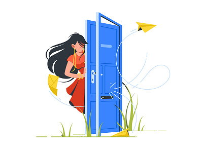 Woman closing door to unsubscribe abstract cancellation door dress envelope flat illustration kit8 newsletter vector woman