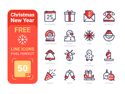 FREE Christmas New Year Pixel Perfect Line icons