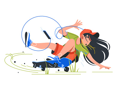 Girl fall from skateboard fall flat girl. ride illustration kit8 ride skateboard smartphone vector