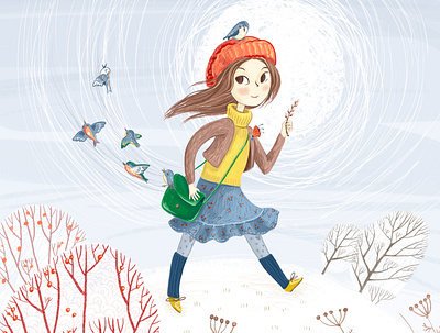 Spring is coming! bird book illustration children illustration girl happy illustration snow songbirds spring sunny day walking