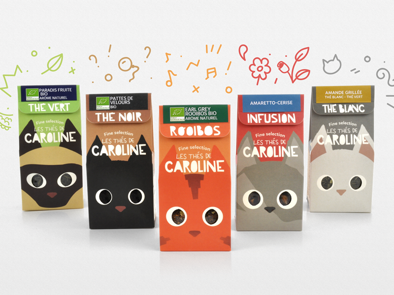 Les Thés de Caroline fun cats tea packaging