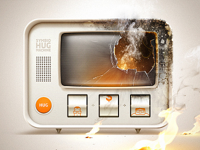 exploded HUG MACHINE burning computer electronic explosion flames grunge machine old retro school screen tv