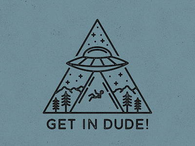 Get In Dude! alien icon illustration lineart mountains outdoors spaceship trees ufo vector