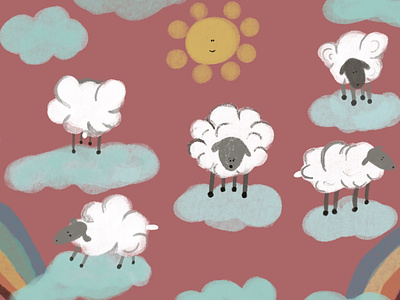 Sheep on the clouds with rainbow background branding card cartoon childhood children cloud design ill illustration pastel pink rainbow sheep summer spring