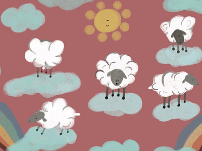 Sheep on the clouds with rainbow background branding card cartoon childhood children cloud design ill illustration pastel pink rainbow sheep summer spring