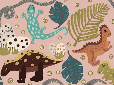 Dinosaurs in a tropical wood illustration