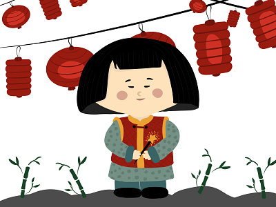 Chinese New year card with a girl card cartoon illustration
